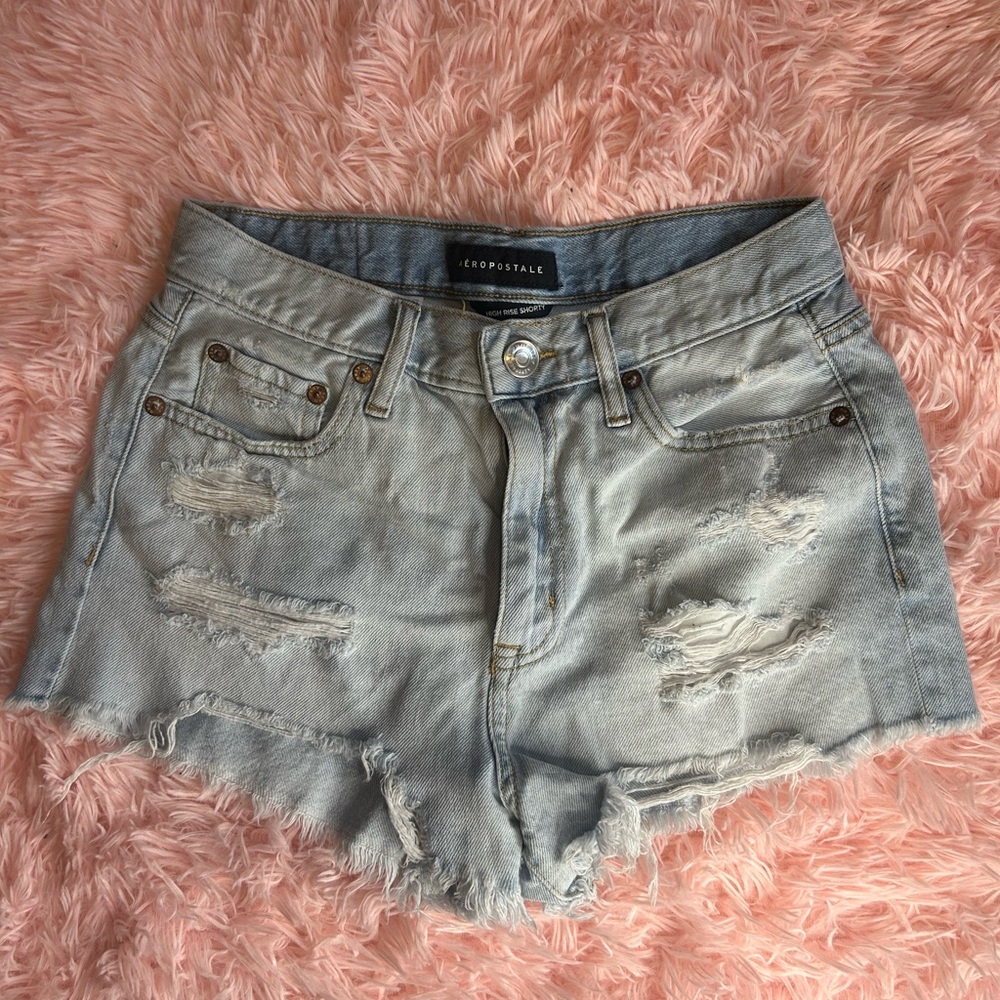 Aeropostale Light Blue High Rise Distressed Denim Shorts
